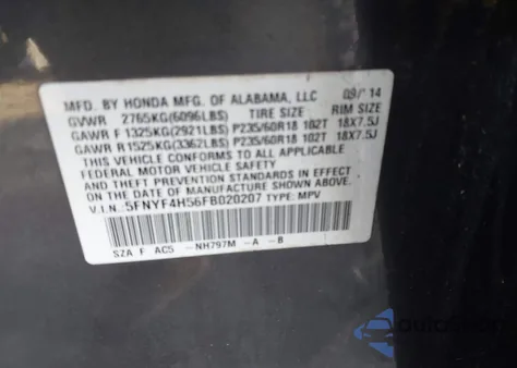 2015 Honda Pilot Exl z USA, uszkodzony, nr VIN 5FNYF4H56FB020207